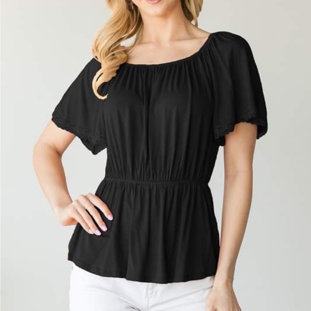 Black cinched short sleeve top 95% Rayon/5 % spandex